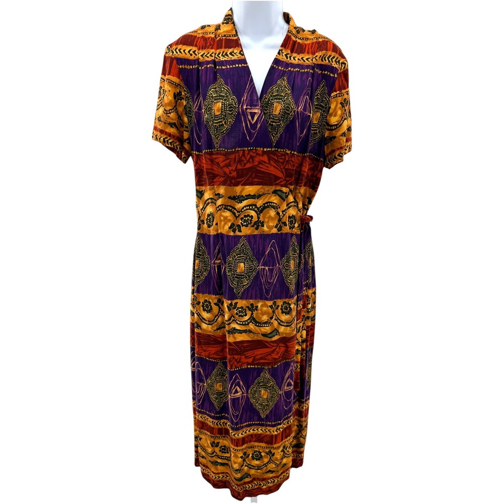 VTG Willys New York & Co Wrap Dress 8 Purple Orange Abstract Duster Kimono Maxi